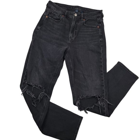 American Eagle Women’s Mom Jean Sz 4 High Rise Distressed Black Denim Strigid - Picture 1 of 12
